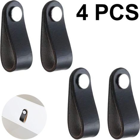 4 poignées en cuir véritable, poignées en cuir de vachette pleine fleur importées, pour porte de placard, meuble à chaussures, cave à vin, tiroir, poignées en cuir noir. (1/5)