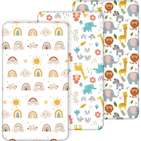 Lot de 3 Drap Housse cododo, 120×60cm Draps pour Lit Bébé, Microfibre Respirante, Protège Matelas Amovible et Lavable Motifs Mignons pour Berceau et Matelas Bébé(beige/blanc/Arc-en-ciel) (1/5)