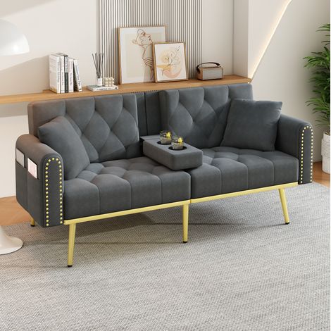 2-Sitzer-Schlafsofa grau aus Samt, 3-fach verstellbare Rückenlehne, Becherhalter HAVRYA (1/5)