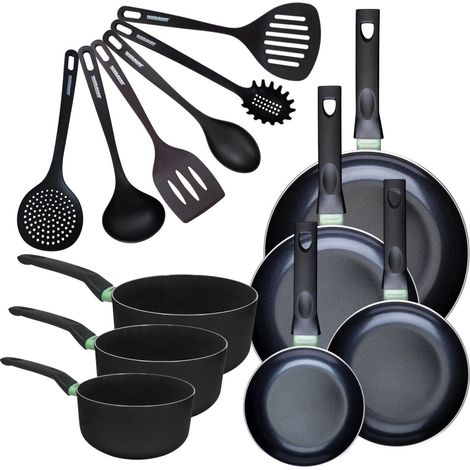 Set de 4 poêles 16 20 24 et 28 cm et 3 casseroles 16, 18 et 20 cm antiadhésives céramique et 6 ustensiles Fackelmann Brandao (1/5)