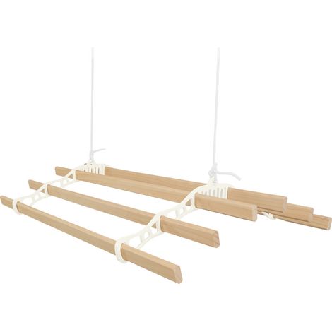 Tendedero de Techo con Sistema de Poleas en MARFIL y 6 Listones de Madera 1.2m Capacidad de peso de 30 kg Kit Fijación GRATIS Tendedero Colgante Secadora Estructura p/ Colgar Secar Ropa Colgador