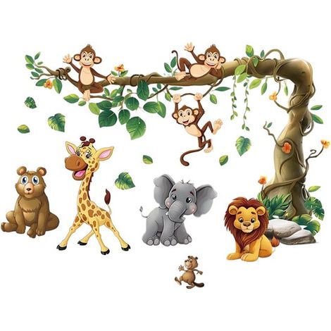 Adesivi murali giungla albero animale albero - adesivi murali safari scimmia giraffa orso elefante - adesivi murali cameretta bambini camera da letto decorazione murale (1/5)