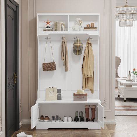 Mobile ingresso 101,5x47x183 cm in pannelli di legno bianco, con contenitore per ingresso - FLORAGRACE (1/5)