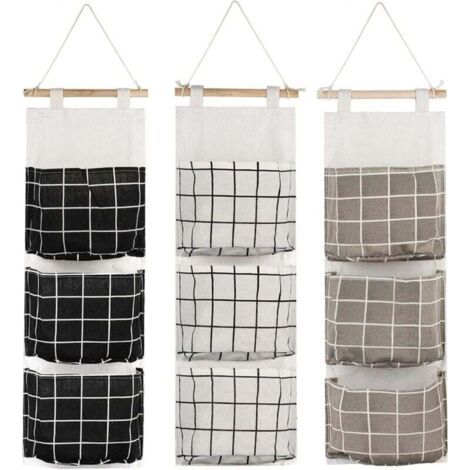 3Pcs Sac de Rangement Suspendu avec 3 Poches(Noir/Gris/Blanc), Étagère Mural en Tissu Panier Pochette de Rangement Organisateur pour Chambre Salle de Bain Cuisine - Étanche & Élégant