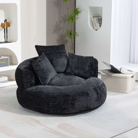 Fauteuil pouf XXL noir en chenille, fauteuil lounge avec dossier haut, siège relax moelleux avec 3 coussins, canapé d’appoint pour salon, chambre et bureau (1/5)