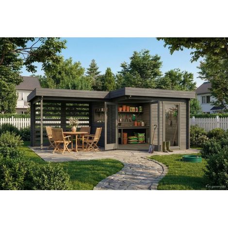 Alpholz 5-Eck Gartenhaus Pepe Optima Gartenhaus aus Holz in Grau, Holzhaus mit 34 mm Wandstärke, Blockbohlenhaus mit Montagematerial (1/5)