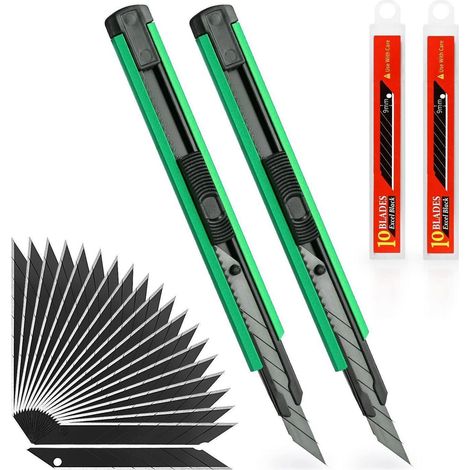 2er Set Cuttermesser 9mm mit 20 Abbrechklingen, Metallgehäuse, automatische Verriegelung