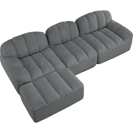 Divano modulare angolare 3 posti con pouf, schiuma 32D ad alta densità, tessuto grigio (1/5)
