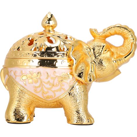 Brûleur d'encens en forme d'éléphant, ornement d'aromathérapie pour salon, entrée ou chambre (fond blanc et or) (1/5)