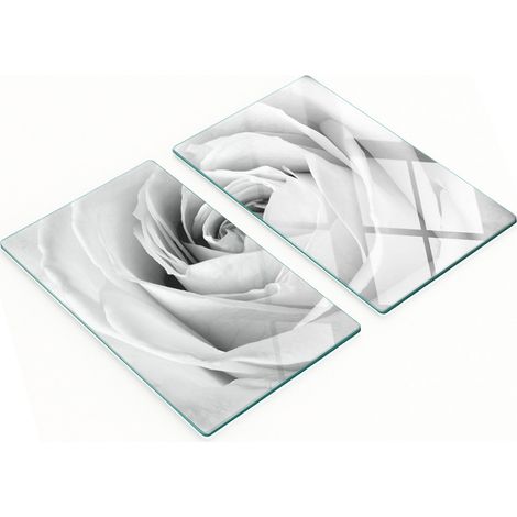 Juego de dos tablas de cocina decorativas de cristal con diseño de rosa blanca, 2x30x52 cm. (1/5)