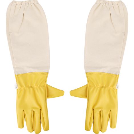 Gants apiculteurs longues manches anti-piqûres Ortvai XXL en toile renforcée et cuir de chèvre jaune et blanc