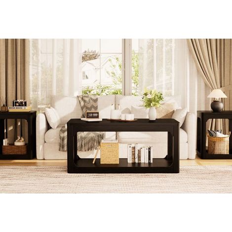 Table basse avec rangement 100 x 50 x 44 cm 2 compartiments plateau épais design simple style moderne coloris noir usage polyvalent (1/5)