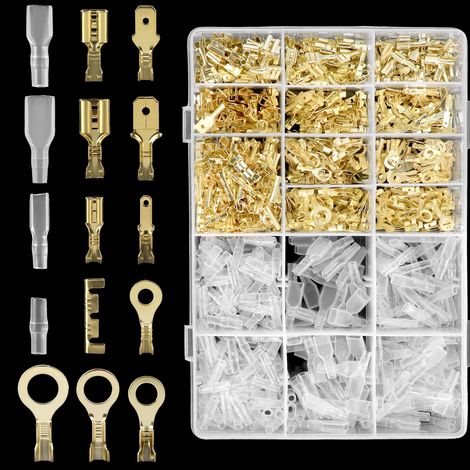 Kit de 1000 Connecteurs Électriques à Sertir en 11 Types, Ø6,3/4,8/2,8 mm - Cosses Plates et Cosses annulaire avec Gaines Isolantes - Cuivre Pur