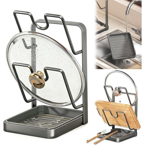 Porte Couvercles, Support Couvercle Casserole avec Bac D'égouttage, Support de Rangement pour Porte Couvercle de Casserole de Cuisine, Range Couvercles Cuisines Avec Repose Cuillère (1/5)