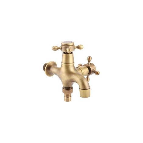 Doppelte Gartenarmatur aus antikem Messing (G1/2"), Vintage-Wandmontage, klassischer Retro-Wasserhahn für Wischmopp, Waschmaschine, Badezimmer, Außenwasserhahn, Kaltwasser - Crezuo