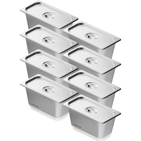 Bac Gastronorme GN 1/3 Lot de 8, Récipient Inox pour Bain-marie 0,8 mm d'Épaisseur, Bac Inox Alimentaire avec Couvercle 14,8 cm de Profondeur, pour Chauffe-plats, Réfrigérateur, Restauration (1/5)