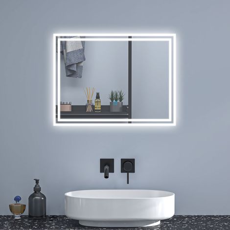 Bathroom Mirror with LED Lights,Shaver Socket and 2 USB Ports Anti Fog Dimmable 3 Colour Touch Vertical Horizontal,800x600mm Type A (1/5)
