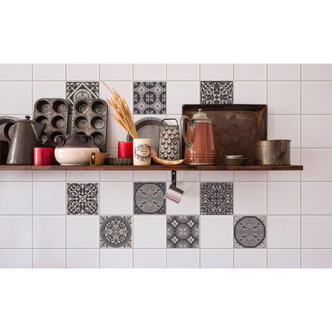 Sticker Carrelage Adhésif 10x10cm x9, Motif Carreaux de Ciment Ancien Noir et Gris, Déco Intérieure Maison. (1/2)