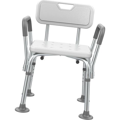 Chaise de douche avec accoudoirs et dossier rembourrés, réglable, antidérapante, avec trous de drainage. Chaise de bain confortable pour personnes âgées (sans coussin). (1/5)