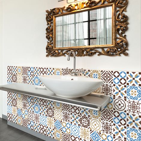 Sticker Mural Carrelage adhésif Cuisine Salle de Bain - 30 STICKERS CARREAUX DE CIMENT AZULEJOS KELIA - 30stickers10x10cm (1/5)
