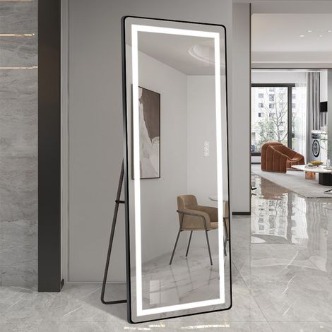 Miroir plein pied vertical LED 163×54 cm avec lumière miroir de sol éclairé avec support miroir mural gradable (1/5)