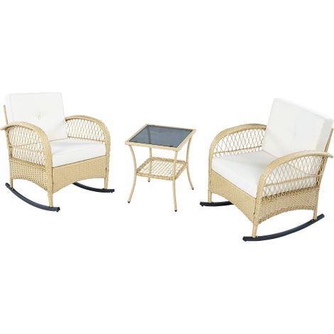 Rattan Balkongarnitur 3-teilig mit 2 Schaukelstühlen, Tisch aus gehärtetem Glas, beigen Kissen, wetterfest, Belastbarkeit 160 kg