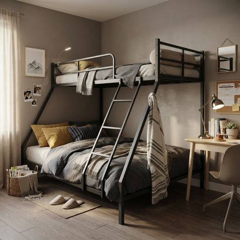 Lit en métal 190 x 130 cm avec barrières de sécurité, échelle intégrée, structure fonctionnelle, organisation pratique, métal, noir (1/5)