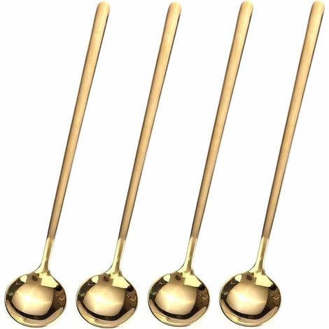 Lot de 4 cuillères à café/thé à long manche de 17 cm, dorées, pour thé glacé et expresso.