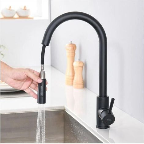 Robinet de cuisine intégré avec douchette extractible, robinet d'évier de cuisine en acier inoxydable mat rotatif à 360°, robinet de cuisine à double fonction (noir). (1/3)