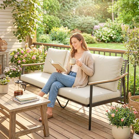 Gartensofa 3-Sitzer Rattan Loungesofa mit abnehmbar Kissen Holzoptik-Armlehnen Stahlrahmen Khaki