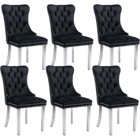 Samt Esszimmerstühle 6er Set mit hoher Rückenlehne, Nieten und Edelstahlbeinen, Schwarz (1/5)