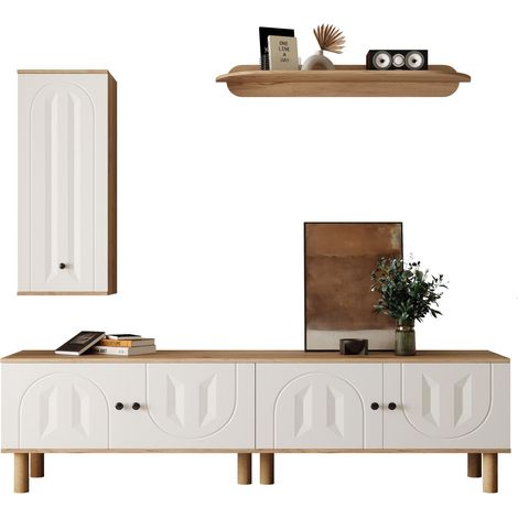Meuble mural de salon en 3 parties, comprenant : une armoire haute, des placards et une étagère murale. Blanc et bois, panneaux de porte sculptés.