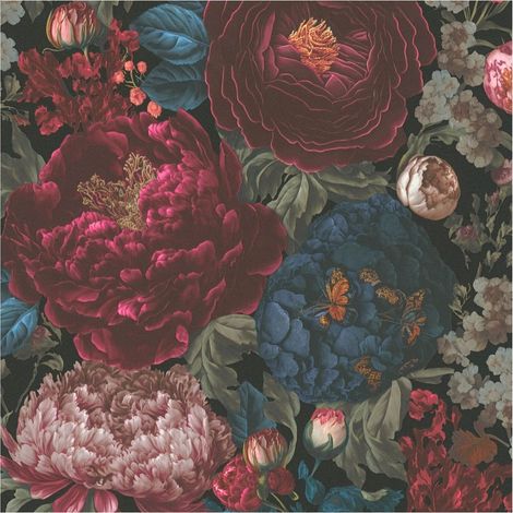 Flowers wallcovering wall Profhome 399791 hot embossed non-woven wallpaper smooth with floral ornaments matt black blue wine red olive green 5,33 m2 (1/5)