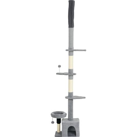 Höhenverstellbarer, deckenmontierter Katzenbaum 225–255 cm, mehrstufiger grauer Plüsch-Katzenturm