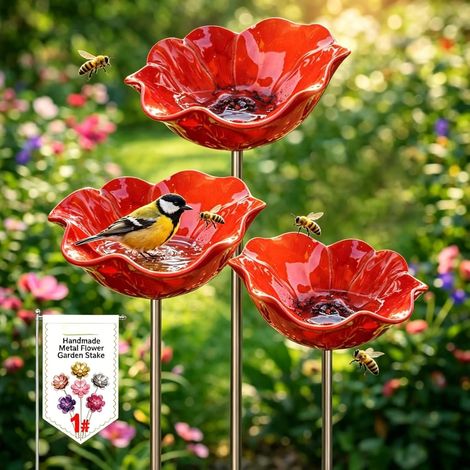 Vogeltränke Blume aus Metall,Handgefertigter Gartenstecker,Winterfeste Vogeltränke & Insektentränke,Bienentränke für Garten und Terrasse,Rot,3er-Pack