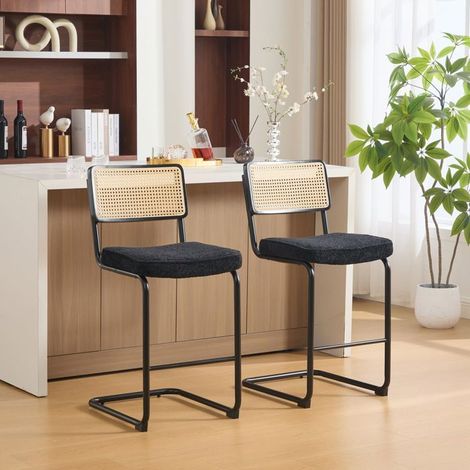 Tabouret de bar - WESTYLE - Assise chenille - Dossier bois effet rotin - Pieds métal laqué noir - Lot de 2 (1/5)