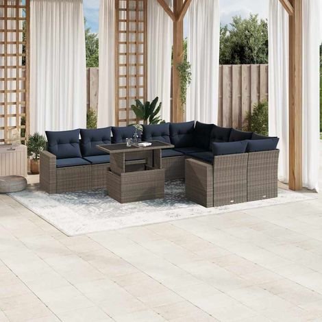 10-teiliges Gartensofa-Set mit Kissen, grau, Polyrattan (1/5)