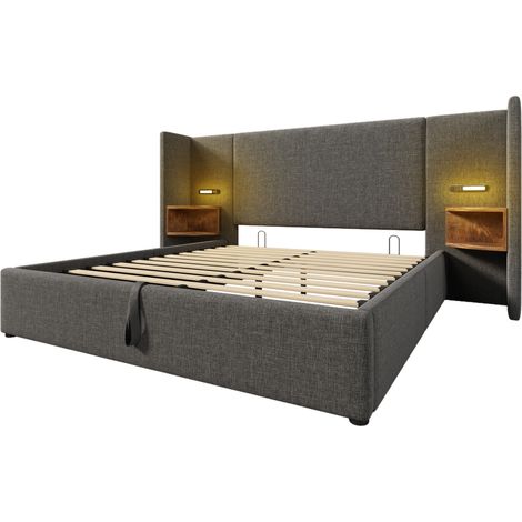 Doppelbett 160x200 mit Nachttischen, Leselampen und USB-C, grau in Leinenoptik MODENUIT (1/5)