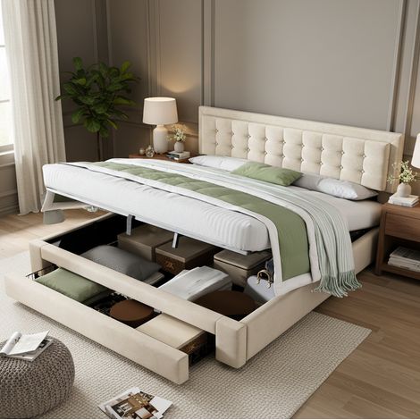 Boxbett 180 x 200 cm mit Schubladen, verstellbarem Kopfteil, beiger Samt HAVRYA (1/5)