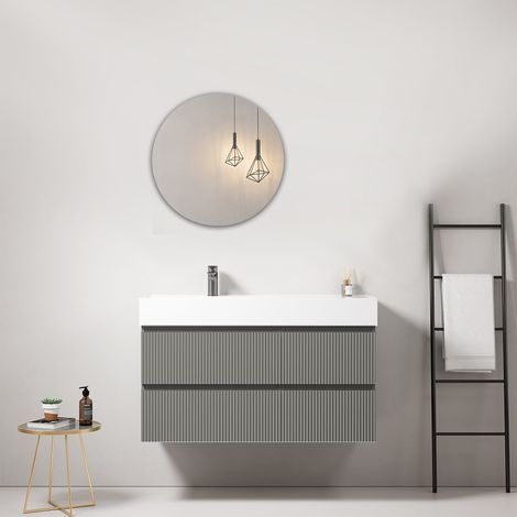 Mobile bagno sospeso cannettato 100 cm Grigio Londra Lavabo a Sinistra in Resina Specchio Tondo - Fiji Paint