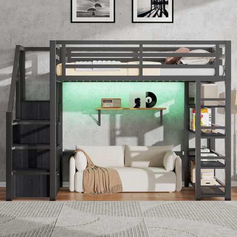 Lit mezzanine métal-rangements intégrés-étagères & penderie-LED noire-255x145,5x170cm-Sans Matelas