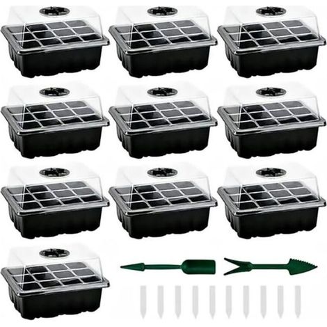 Mini serre pour semis - - Lot de 10 - 120 cellules - Outils de jardinage inclus - Noir (1/4)