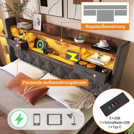 Lit coffre 180x200 cm avec tête de lit LED et vérins, 4 ports de charge (USB/Type-C), lit double avec sommier inclus, tissu lin gris, sans matelas (1/5)