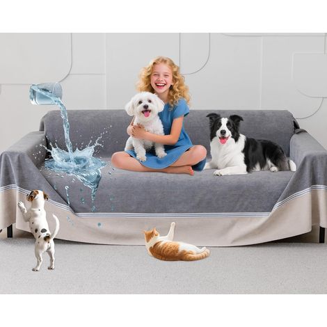 Housse Imperméable Canapé, Protection Chien Canapé, Protege Canape 3 Places, Housse de Canape Anti Dérapante, Anti-Griffes Protège pour Chiens Chats Animaux, Gris, 340x230cm (1/5)
