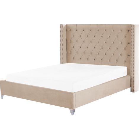Cama con somier de terciopelo beige plateado 180 x 200 cm listones Lubbon