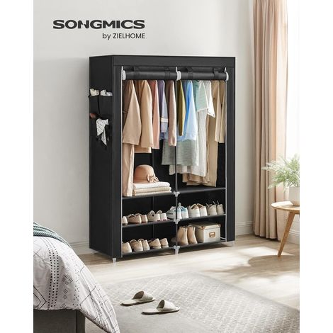 Songmics – Penderie en tissu noir 45 x 127 x 176 cm – 2 compartiments de suspension – 4 pochettes de rangement – Montage facile sans outils