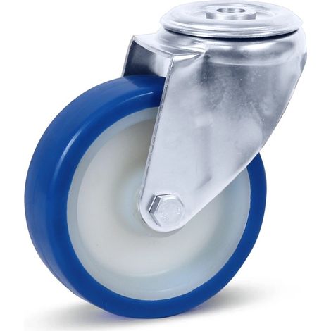 Roulette pivotante freinée - MESO - PU bleu inox - Trou central - 100mm - 180kg