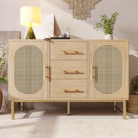 Buffet rotin 3 tiroirs 2 portes commode coiffeuse étagères réglables anti-basculement chêne Sonoma 120 x 40 x 74 cm