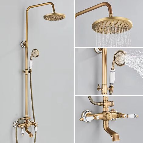 Colonne de douche en laiton antique, ensemble robinetterie de douche, douche à effet pluie avec douchette et bec de baignoire, hauteur réglable (1/5)