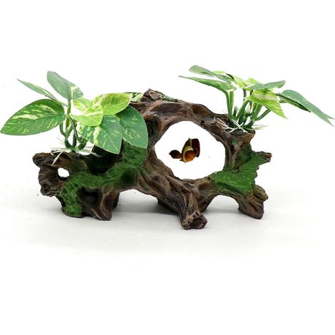 Décorations d'aquarium en forme de grotte de bois flotté artificiel avec plantes d'aquarium en soie - Ornements d'aquarium réalistes, accessoires pour aquarium d'eau douce pour poissons betta, décorat (1/5)